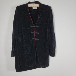 Margaret OLeary Black Chenille Long Cardigan Jacket With Red Trim & Frog Closure